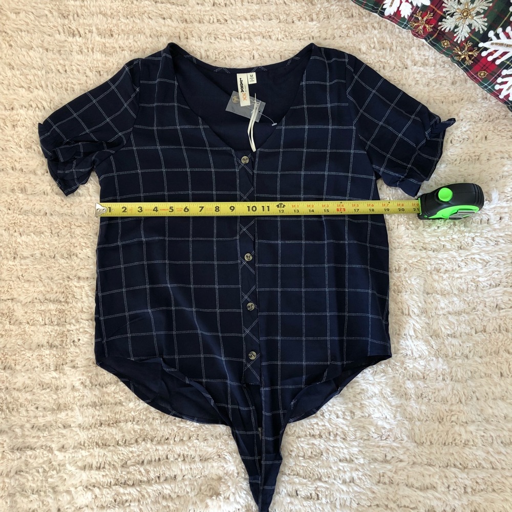 Cropped Button Down Blouse Navy Blue, Front Tie - Picture 3 of 8